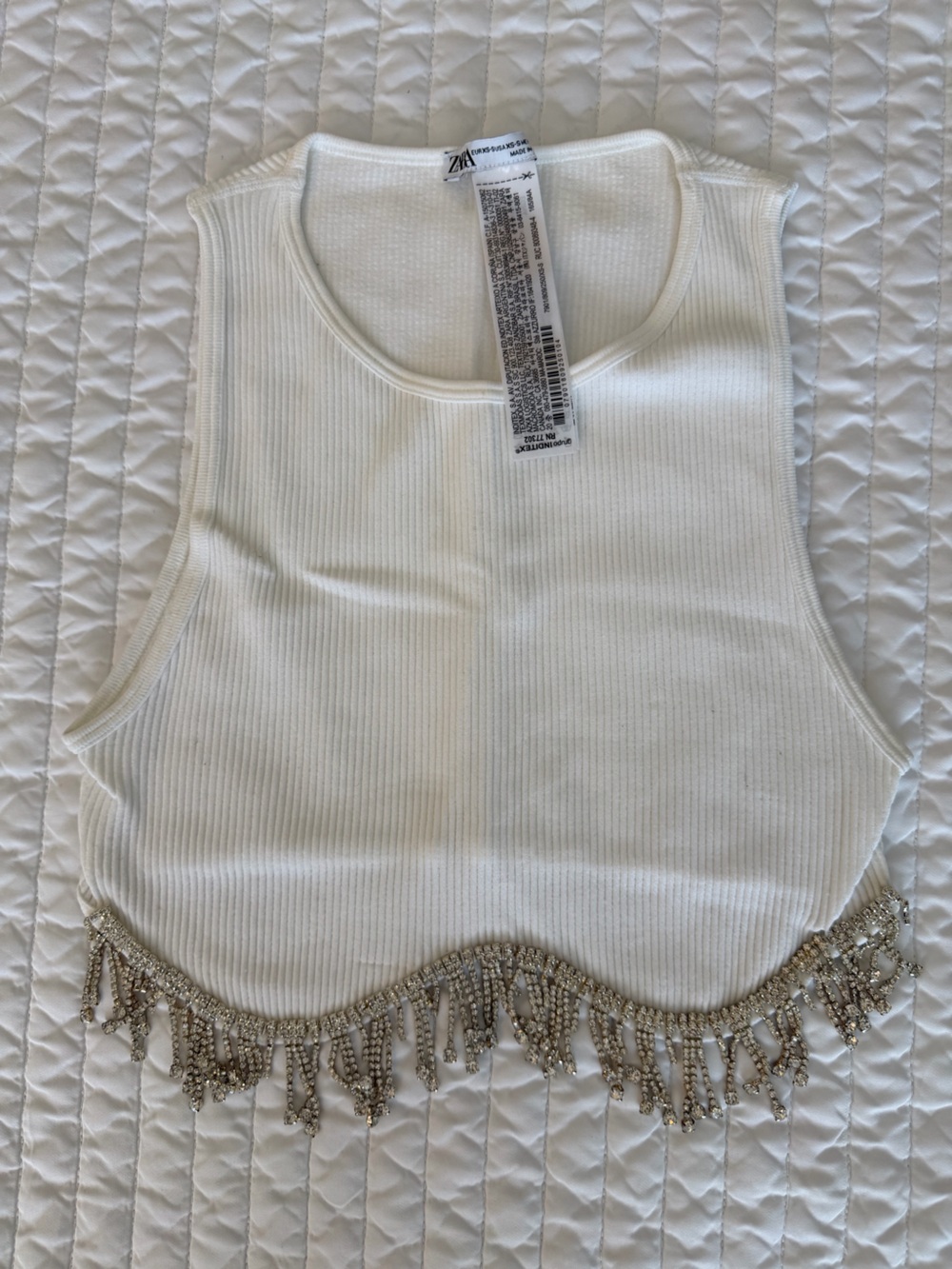 Zara White Ribbed Cropped Tank with Beaded Fringe